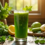 A tall glass of vibrant green detox elixir made from kale, spinach, celery, cucumber, green apple, lemon, and ginger, sitting on a rustic wooden table with fresh ingredients around it. Soft morning sunlight streams through a nearby window, creating a fresh and invigorating atmosphere.