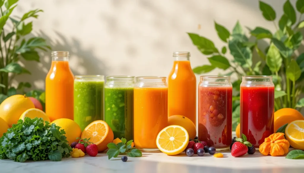 Various detox juices in clear bottles, showcasing colorful blends of greens, oranges, and fruits like lemons and berries.