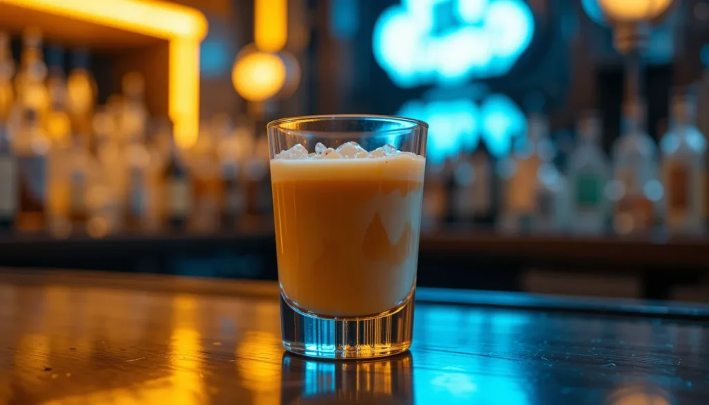 A close-up of a Buttery Nipple shot in a clear glass, featuring layered golden butterscotch schnapps and creamy Irish cream, set on a polished bar counter with warm lighting and a blurred neon-lit background.