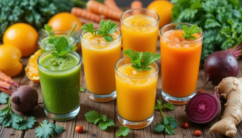 A collection of fresh, colorful juices in glass bottles, labeled with different fruits and vegetables, arranged on a rustic wooden table with fresh ingredients like oranges, carrots, kale, beets, and ginger. Soft natural lighting enhances the fresh and rejuvenating atmosphere.