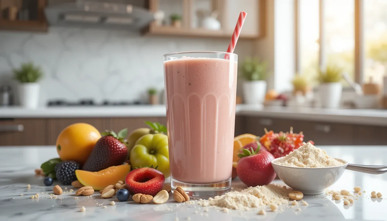 A healthy protein shake with fresh fruits, nuts, and protein powder in a blender