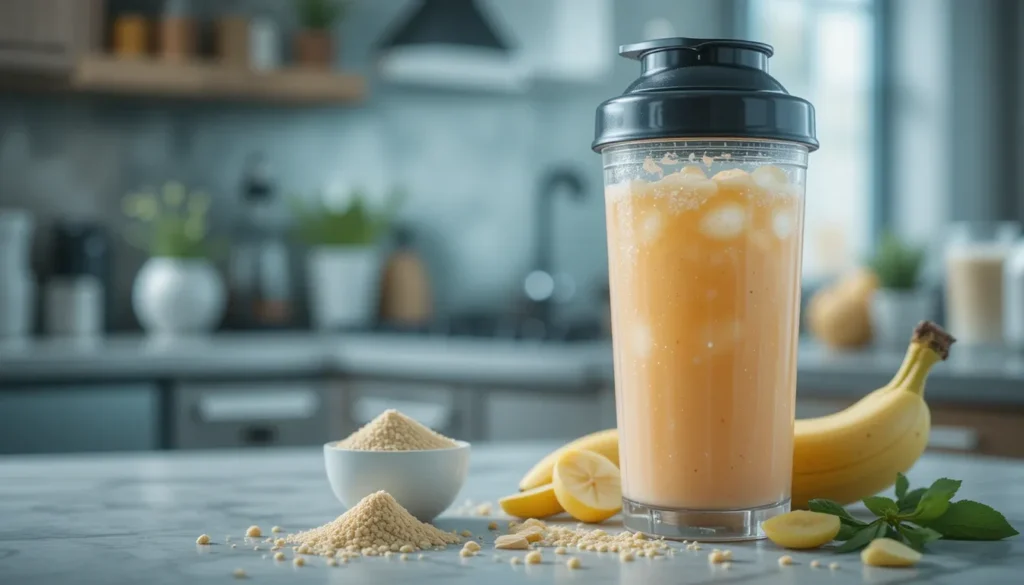 Two-ingredient protein drink for muscle gain with protein powder and fruit in a bright kitchen setting.