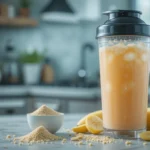 Two-ingredient protein drink for muscle gain with protein powder and fruit in a bright kitchen setting.