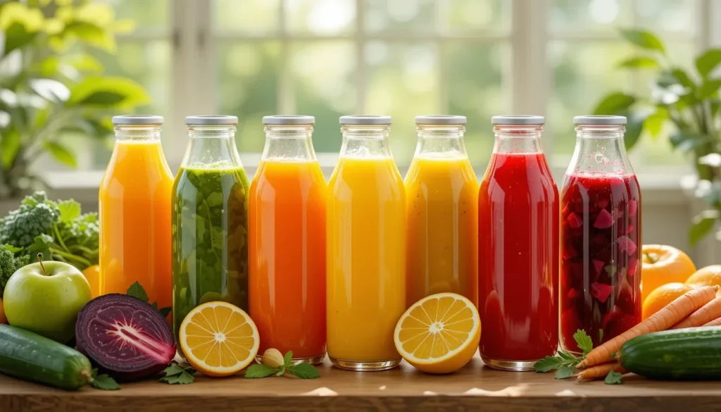 Assorted fresh juices for weight loss, including kale, spinach, lemon, and carrots, with fruits and vegetables in the background.