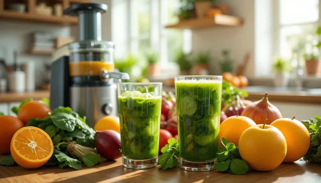 A glass of fresh green juice made from cucumbers, spinach, kale, and other fruits and vegetables, placed on a wooden kitchen table. Vibrant, nutrient-rich ingredients are visible, emphasizing the fat loss benefits of juicing.