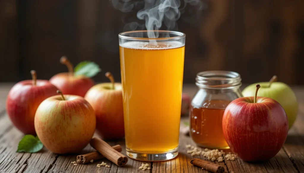 A glass of apple cider vinegar on a rustic wooden table, surrounded by fresh apples, honey, and a cinnamon stick, with warm lighting.