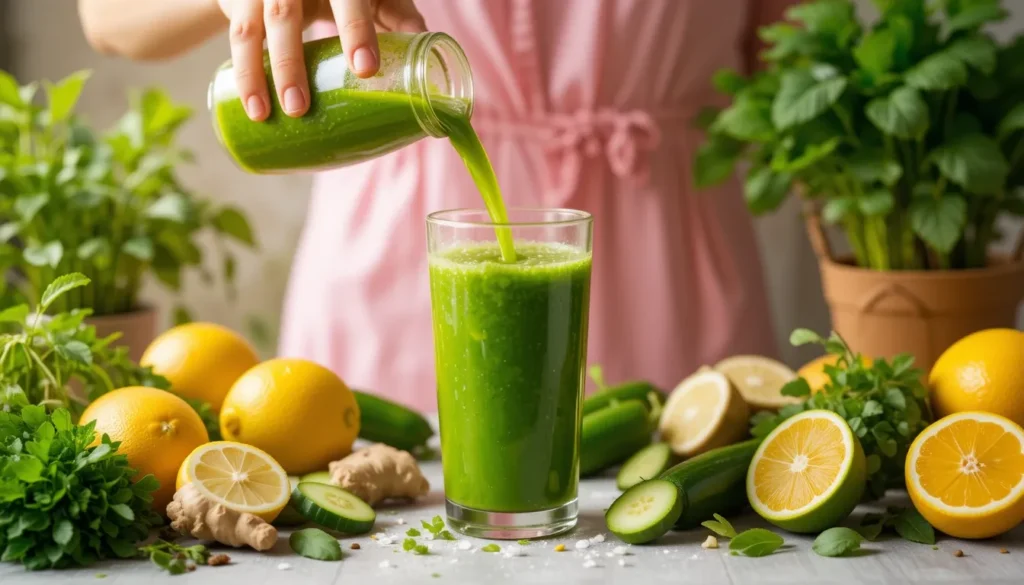 A person pouring green detox juice into a glass surrounded by fresh fruits, vegetables, and herbs to represent liver detoxification.