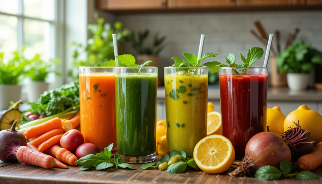 Colorful fresh fruit and vegetable juices made with kale, spinach, carrots, apples, and lemons, supporting fat loss.