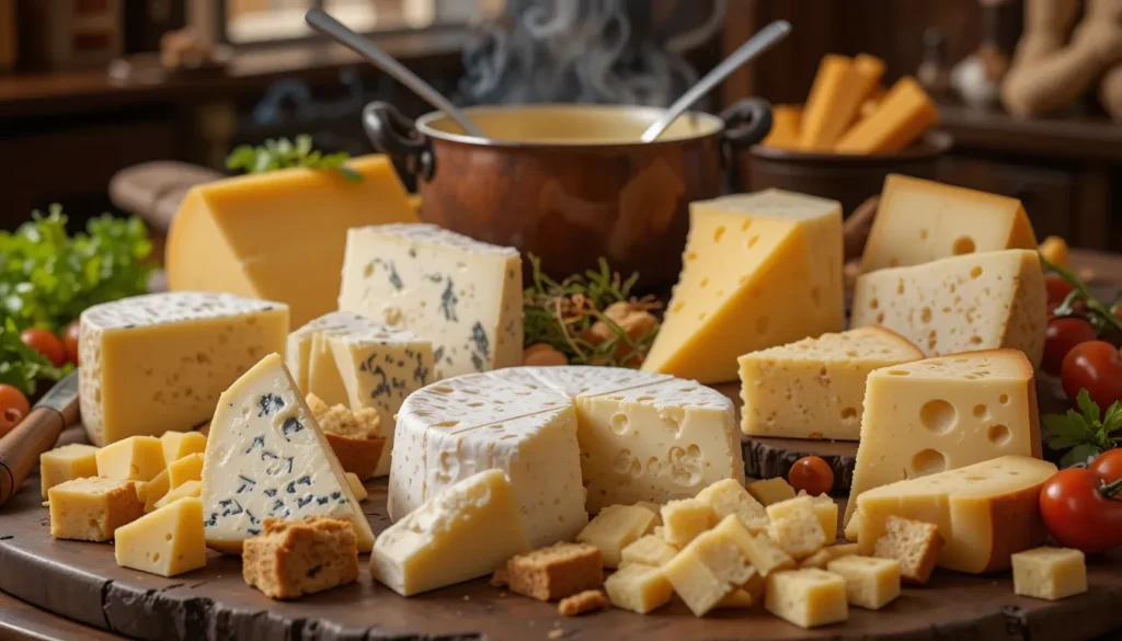 A variety of cheeses for fondue including Gruyère, Emmental, and Comté, with bread cubes and vegetables for dipping, set in a warm, cozy atmosphere.