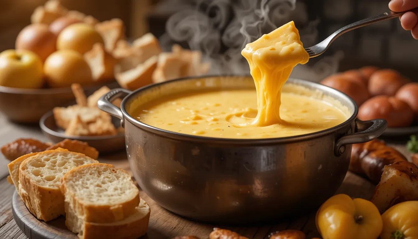 A pot of creamy Swiss cheese fondue with Gruyère and Emmentaler, surrounded by bread, potatoes, apples, and sausages on a rustic wooden table