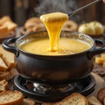 A warm and creamy pot of classic Swiss cheese fondue with Gruyère and Emmentaler cheese, served with bread, potatoes, apples, and sausages on a rustic wooden table.