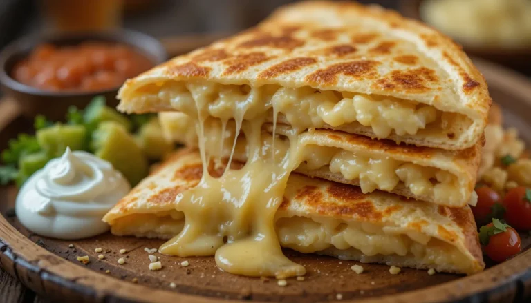 Mashed Potato Quesadilla with a crispy tortilla, creamy mashed potatoes, and melted cheese, served with sour cream, guacamole, and salsa.