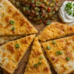 A crispy mashed potato quesadilla cut into triangles, filled with creamy mashed potatoes and melted cheese, served with guacamole, sour cream, and salsa.