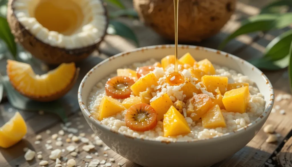 A bowl of creamy tropical coconut oatmeal topped with fresh mango slices, pineapple chunks, passion fruit, and toasted coconut flakes, set on a rustic wooden table with tropical leaves in the background.