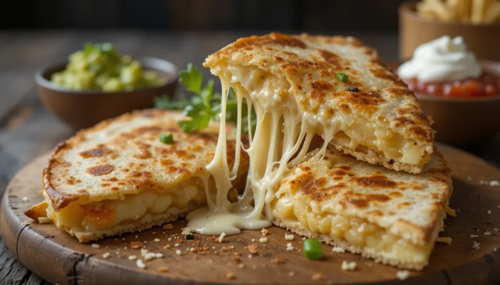 A crispy mashed potato quesadilla cut into triangles, filled with creamy mashed potatoes and melted cheese, served with guacamole, sour cream, and salsa.