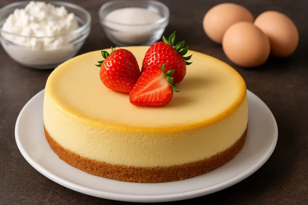 Image of a freshly baked New York-style cheesecake on a white plate, topped with fresh strawberries and a golden graham cracker crust, with ingredients like cream cheese and eggs in the background.
