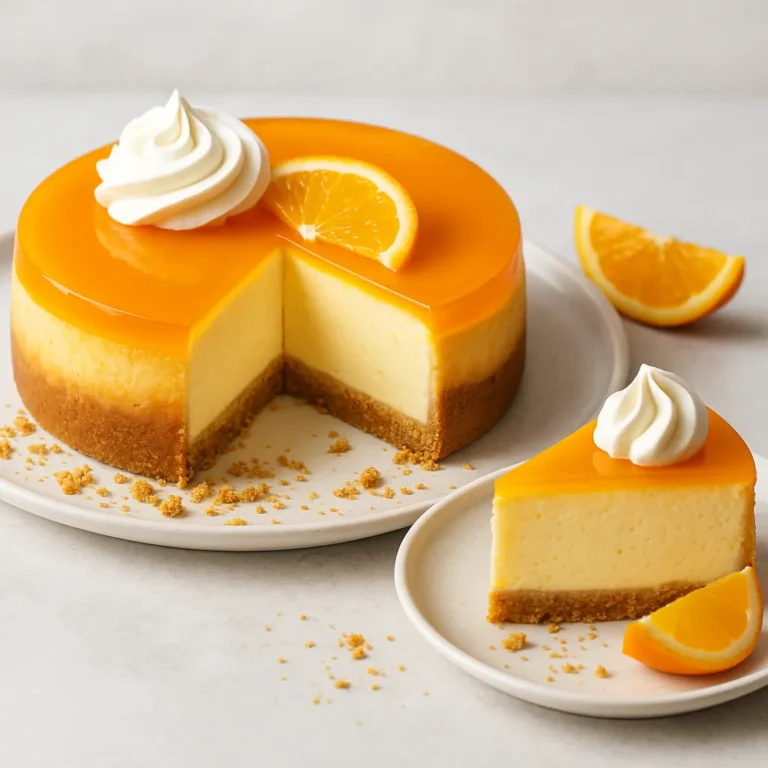 Photorealistic image of an orange cheesecake with a glossy glaze on a white plate, accompanied by a single slice on a small dish, garnished with whipped cream and orange wedge.