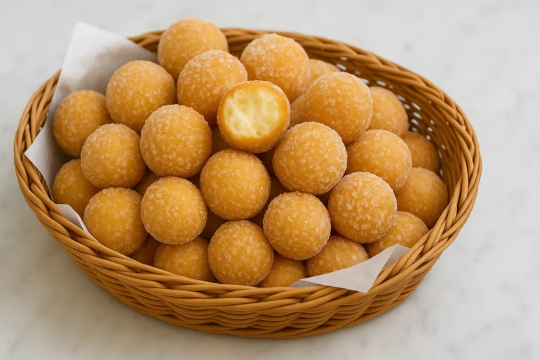 A basket filled with round, sugar-coated homemade doughnut holes on a marble surface, with one doughnut showing a soft, fluffy interior.