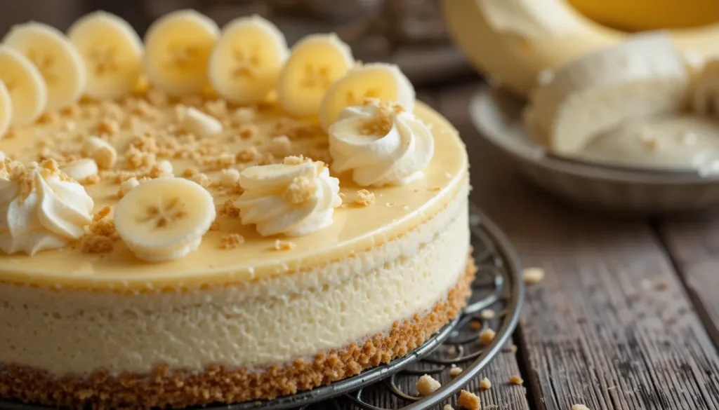 Banana pudding cheesecake topped with whipped cream, banana slices, and crushed vanilla wafers on a wooden table.