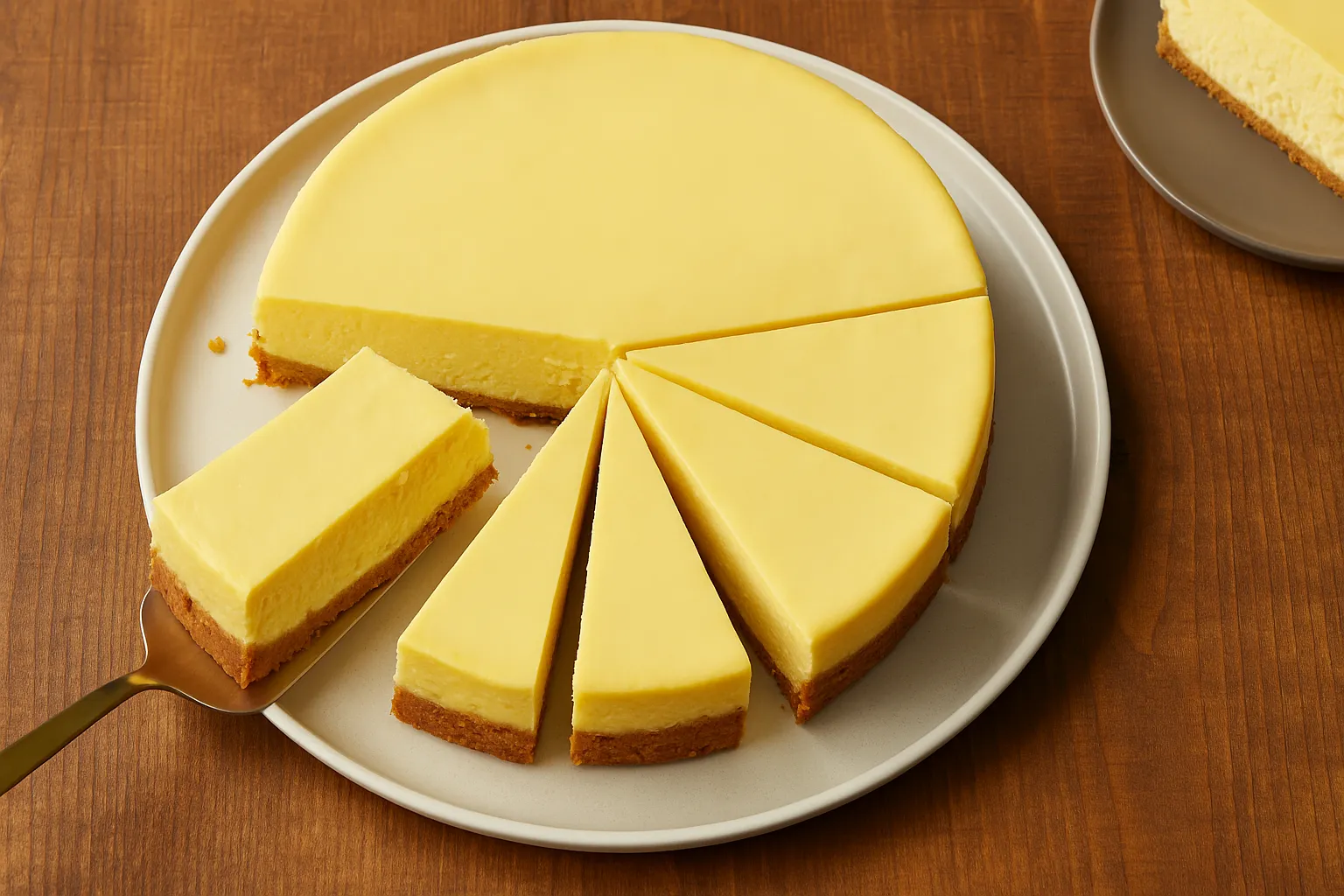 Sliced New York-style cheesecake on a white plate, served on a wooden table with one slice lifted by a server.