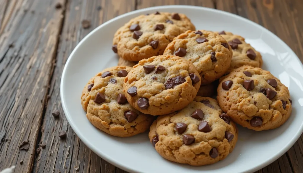 A batch of golden brown chocolate chip cookies made with Truvia® Baking Blend, arranged on a wooden tray in a cozy kitchen setting.
