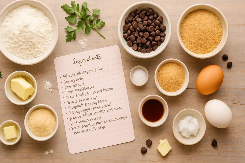 Top-down view of assorted baking ingredients including flour, butter, sugar, chocolate chips, eggs, and coconut oil on a rustic wooden surface with a handwritten ingredients list for cookies.