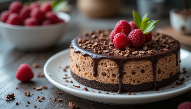 No-Bake Chocolate Cheesecake topped with ganache and raspberries on a wooden table