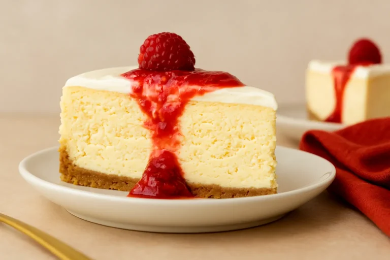 A slice of creamy cheesecake topped with raspberry sauce and a fresh raspberry, served on a white plate with a red napkin in the background.