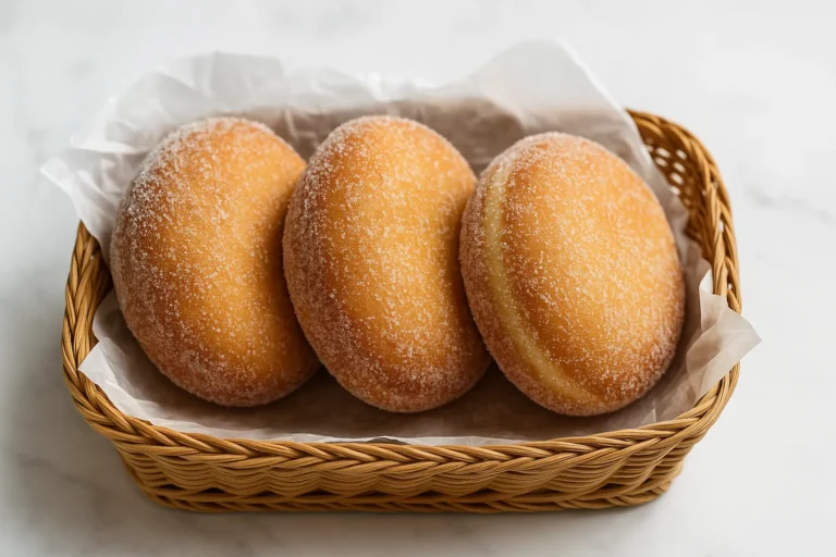 Three sugar-coated homemade donuts arranged in a wicker bread basket lined with parchment paper.