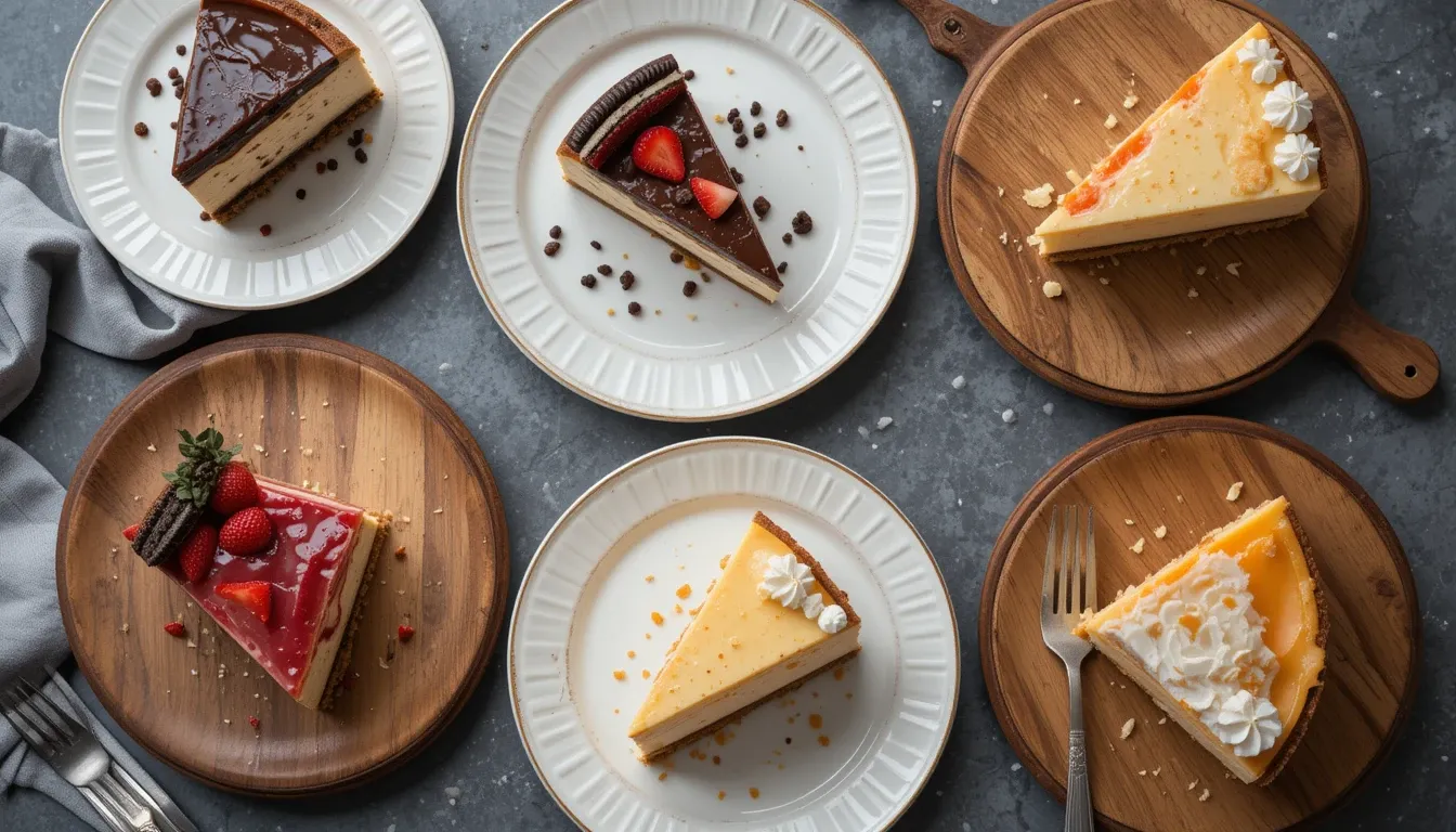 A top-down view of 4 assorted cheesecake slices including New York-style, strawberry, pumpkin, and Oreo, each uniquely garnished and arranged on ceramic plates and a rustic wooden table.