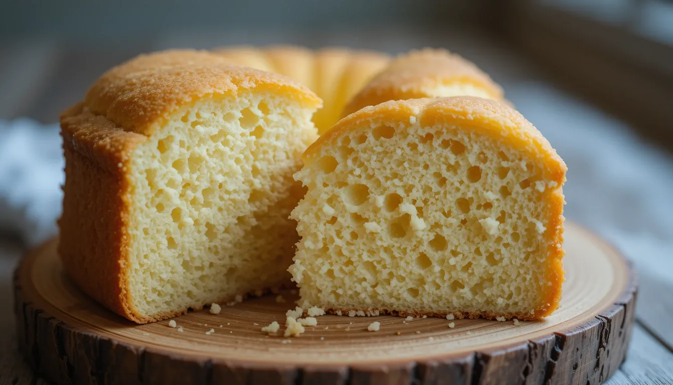Sliced golden three-ingredient sponge cake showing its airy, light crumb on a wooden board.