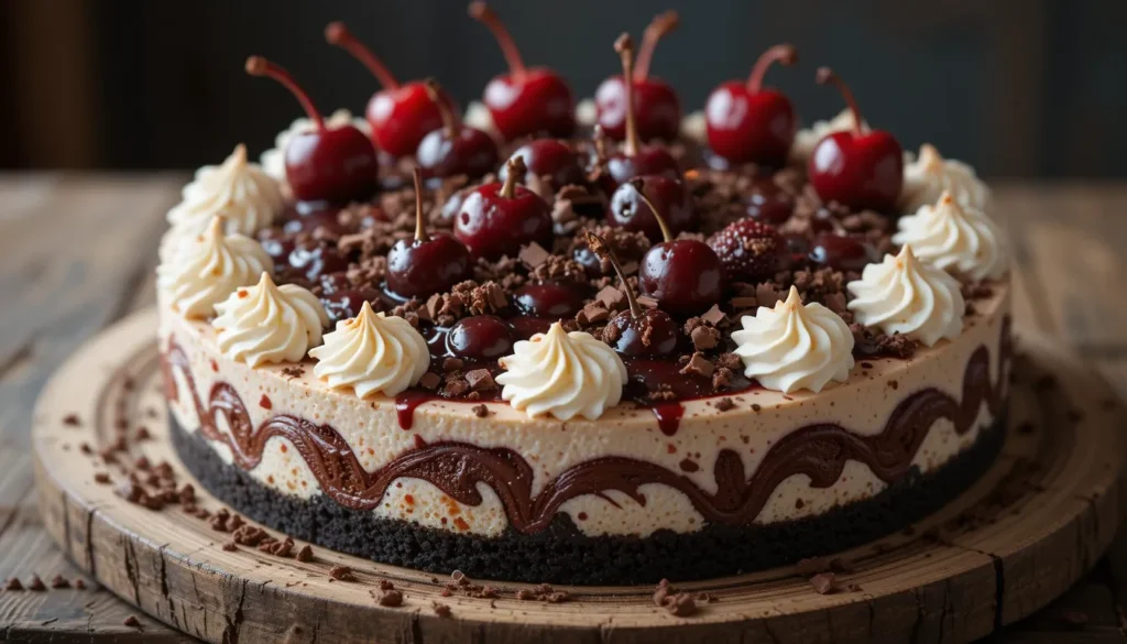 Black Forest Cheesecake topped with fresh cherries, whipped cream rosettes, and chocolate shavings, sitting on a rustic wooden table with natural light.