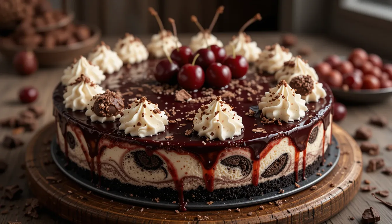 Black Forest Cheesecake topped with cherry compote, whipped cream rosettes, and chocolate shavings on a rustic wooden table with natural lighting.