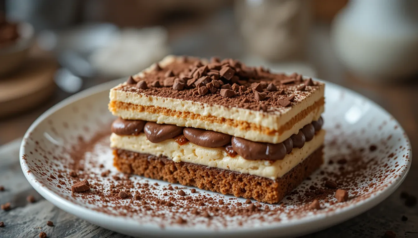 No-bake tiramisu éclair cake with chocolate shavings in a glass dish