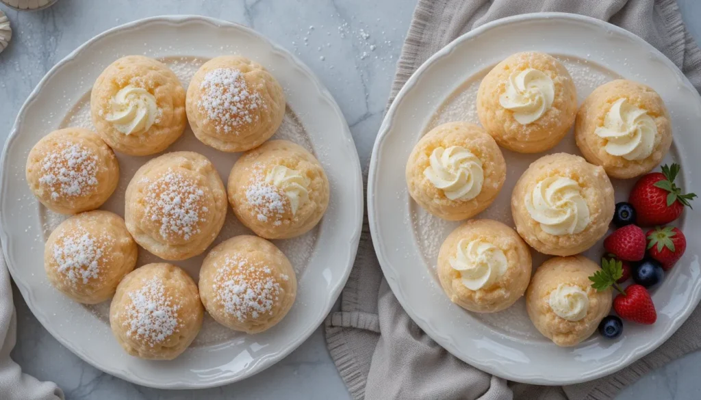 Gluten-free cream puffs on a white plate that set on a table, at the side there is another plate with golden and airy choux shells filled with smooth vanilla cream, powdered sugar dusting, styled with a side of fresh berries and a linen napkin,