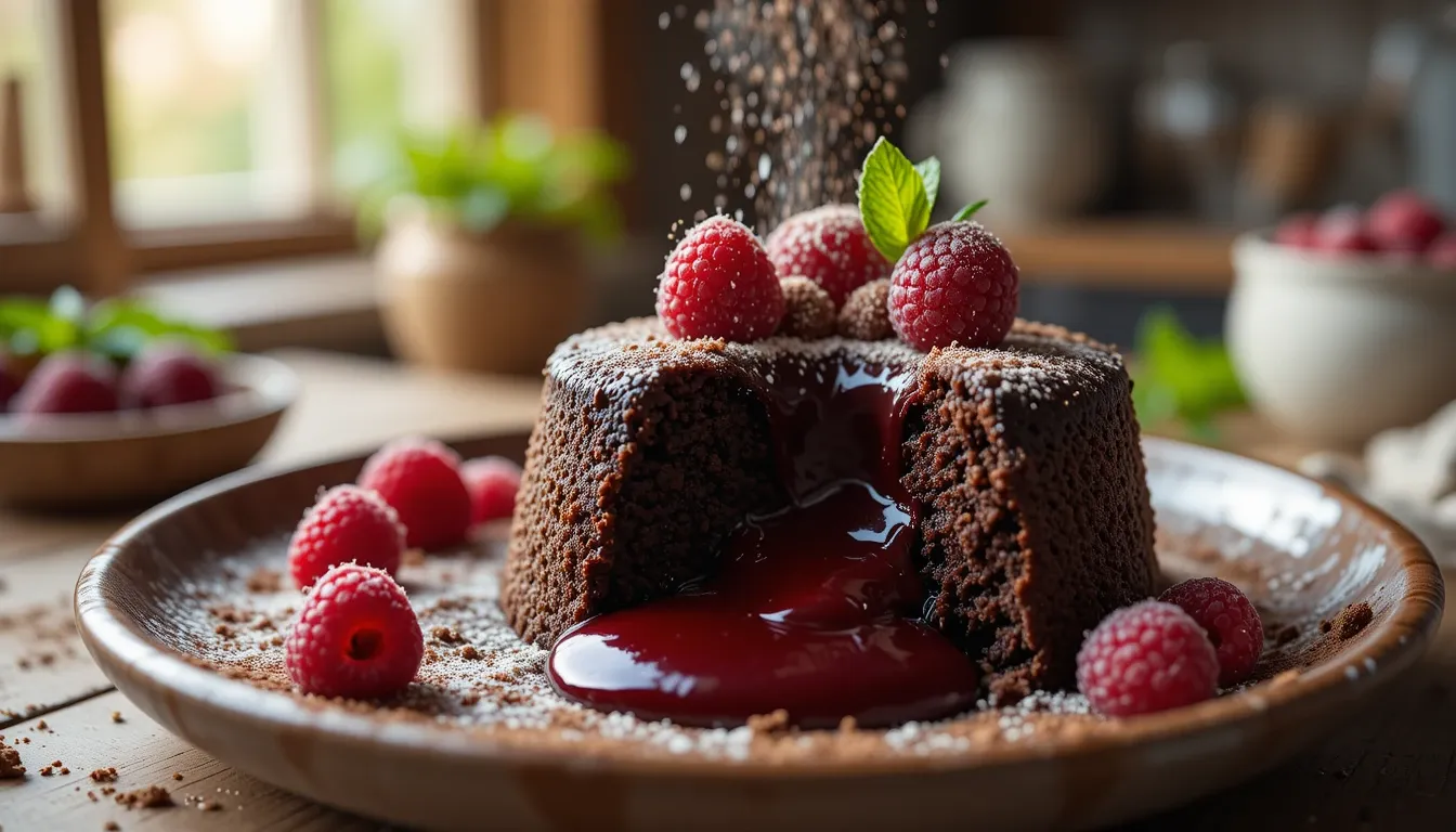 Gluten-free vegan chocolate lava cake with molten center, topped with fresh raspberries and mint on a rustic plate.